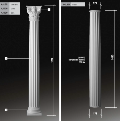 Ствол колонны фасада Европласт полиуретан 4.42.301 - 1455*11*178 мм